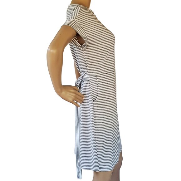 Fashion Sheath Dress Gray & White Striped Soft Casual T Shirt Tie Back Pockets - Picture 8 of 11